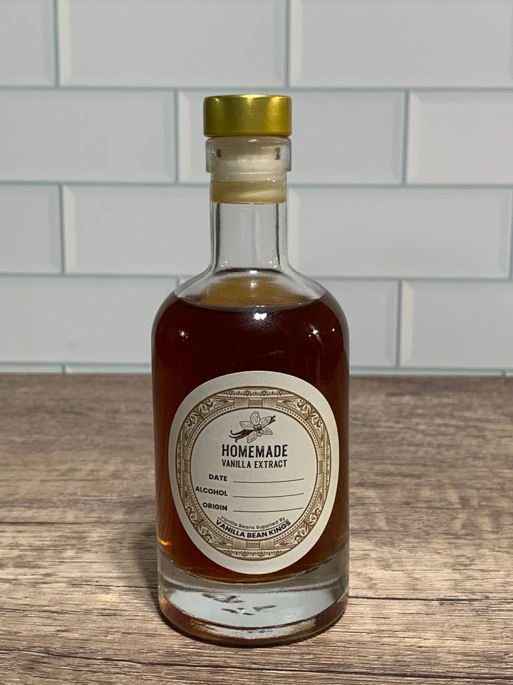 premium cork top bottle with round label and filled with vanilla extract