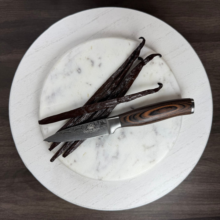 Indonesia Flores Island vanilla beans next to vanilla bean kings knife