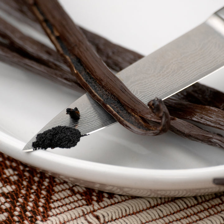 Indonesia, Flores Island vanilla beans showing caviar on tip of knife