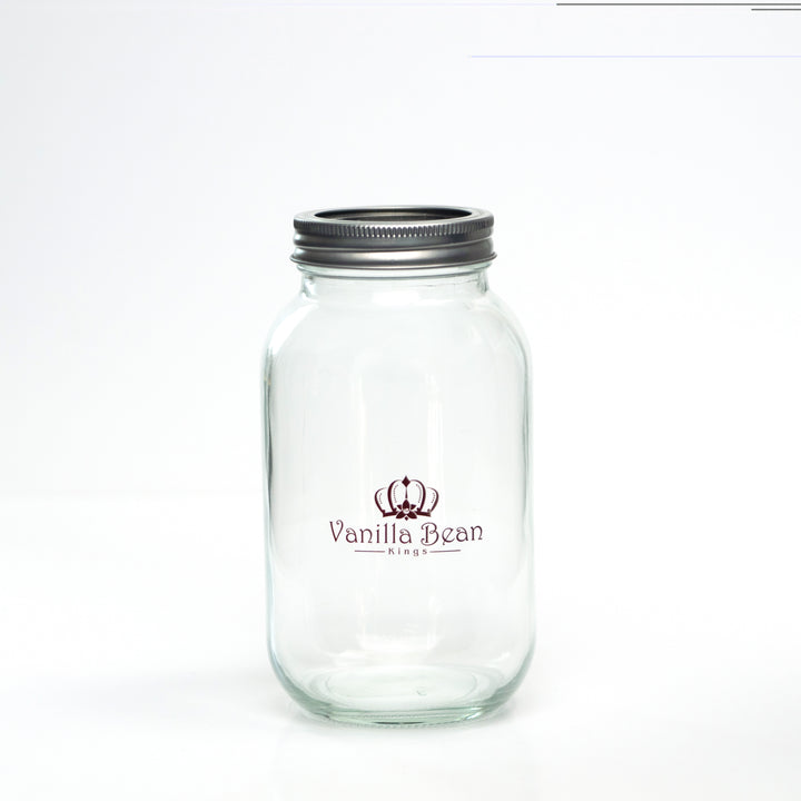 Quart mason jar with vanilla bean kings logo on white background