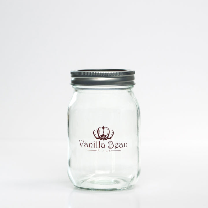 pint mason jar with vanilla bean kings logo