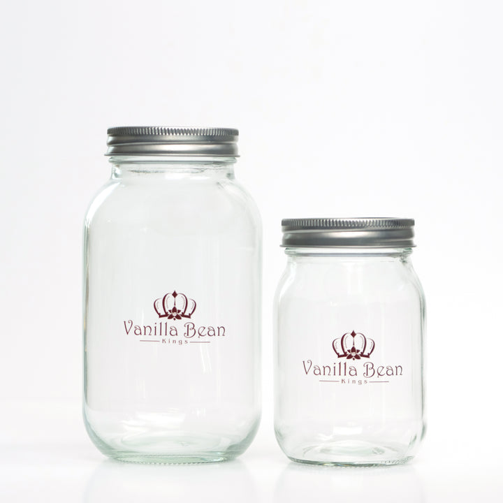 Quart and pint size mason jars with vanilla bean kings logo 