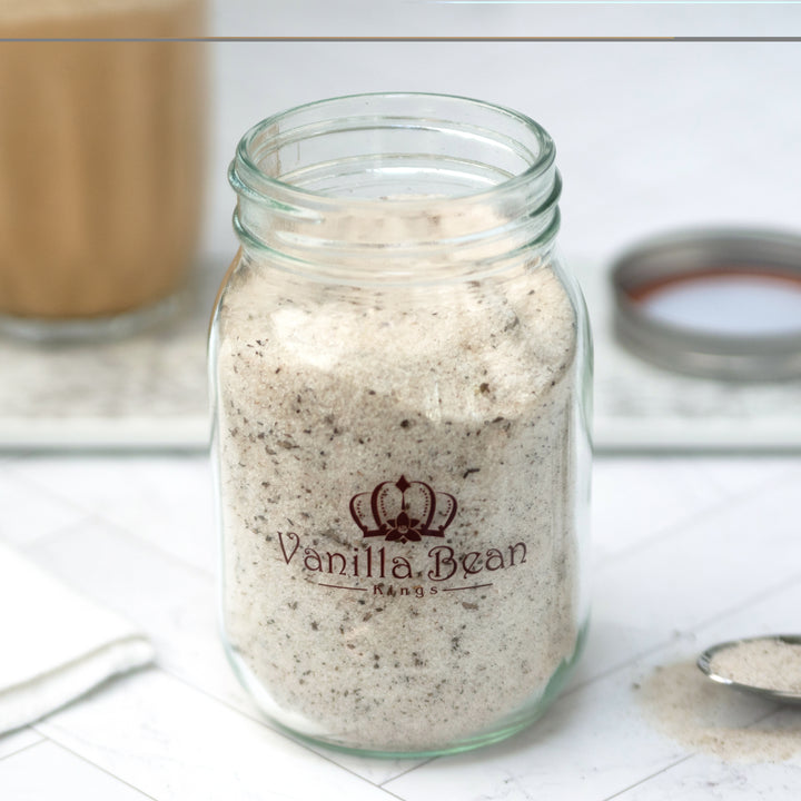 mason jar with vanilla bean kings logo filled with vanilla sugar