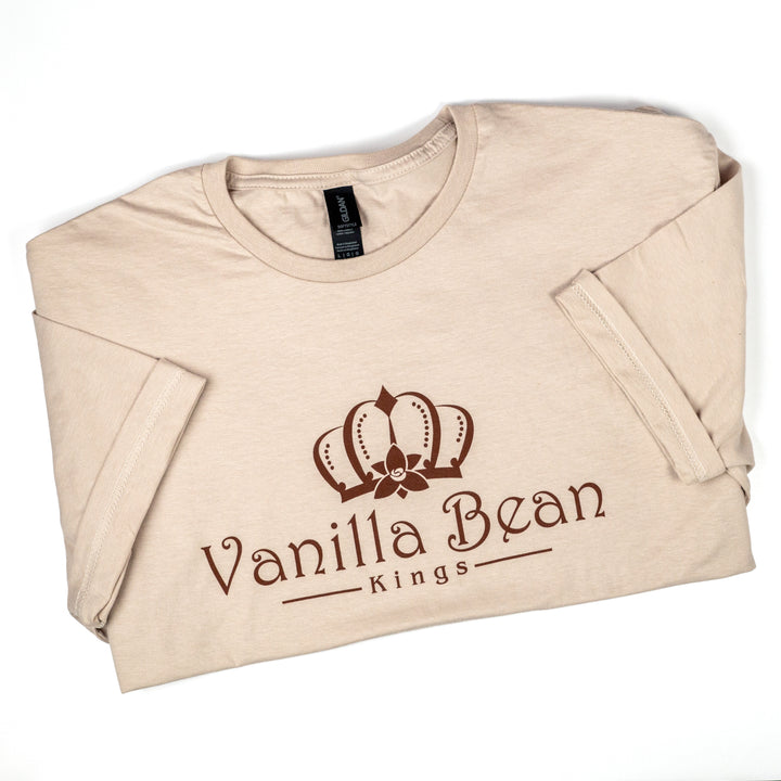 Beige shirt with brown Vanilla Bean Kings Logo on white background