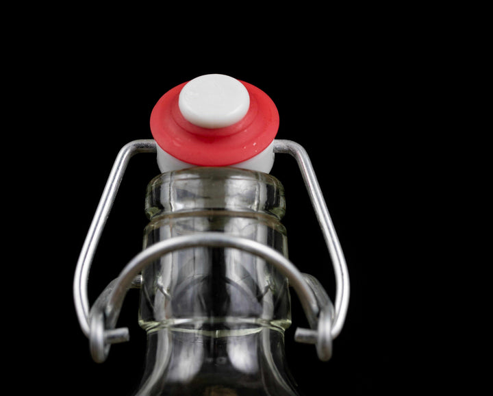 close up image of stainless steel swing top lid for bottle showing rubber gasket