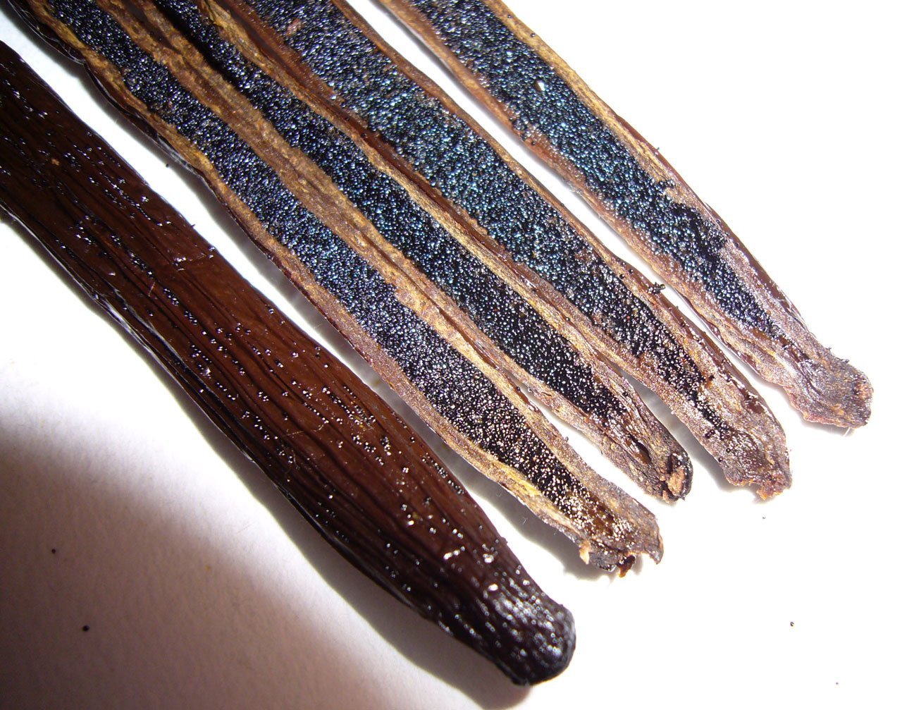 close up view of split vanilla bean seeds caviar