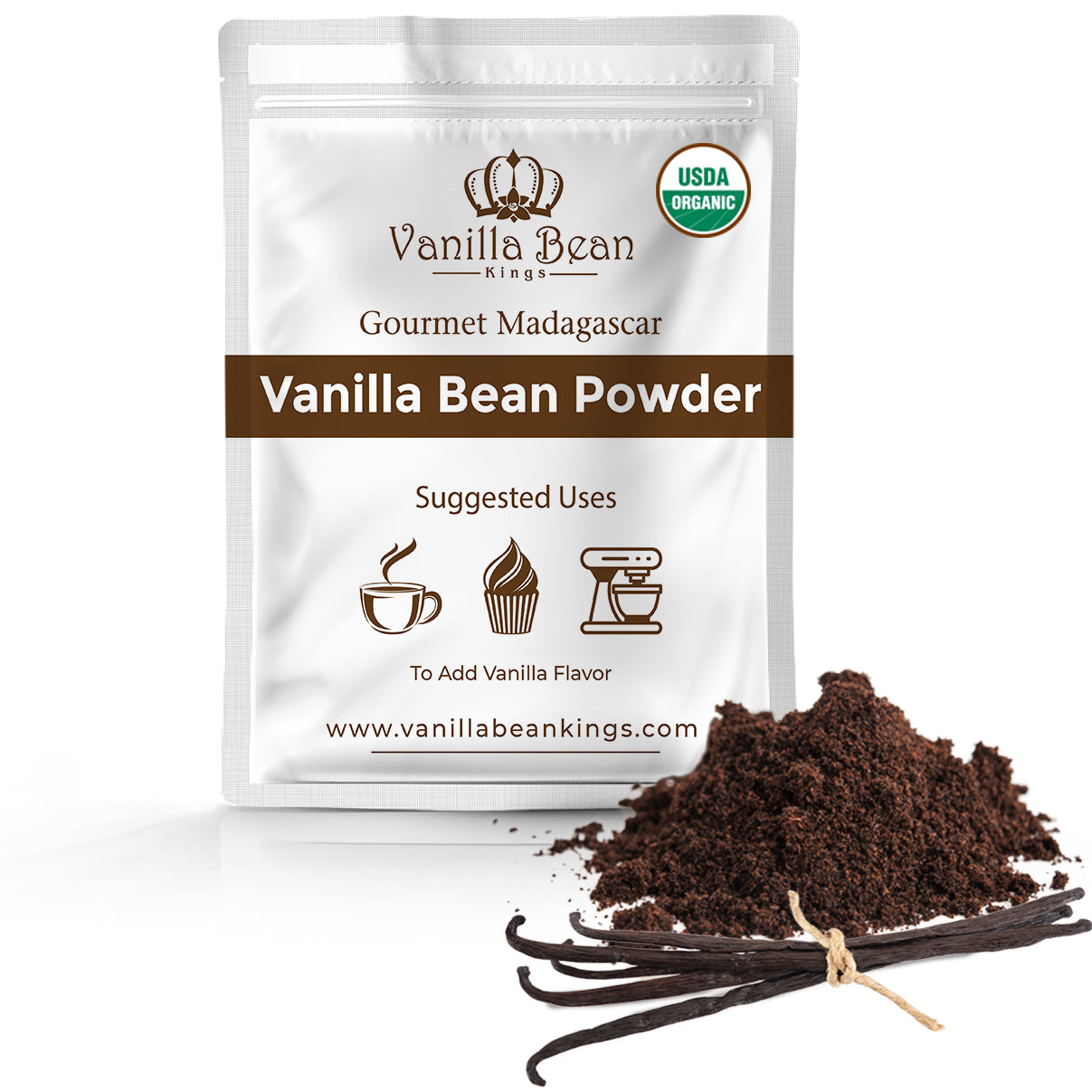 front side of vanilla bean powder packaging 