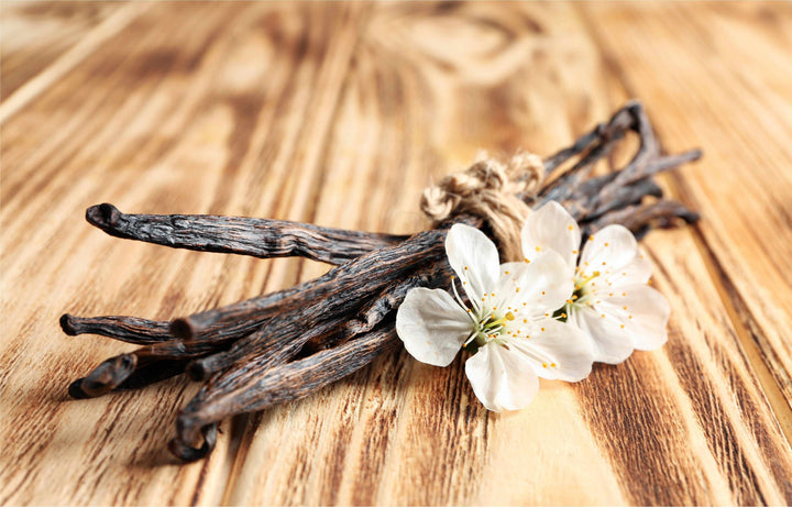grade B vanilla beans with orchid flower