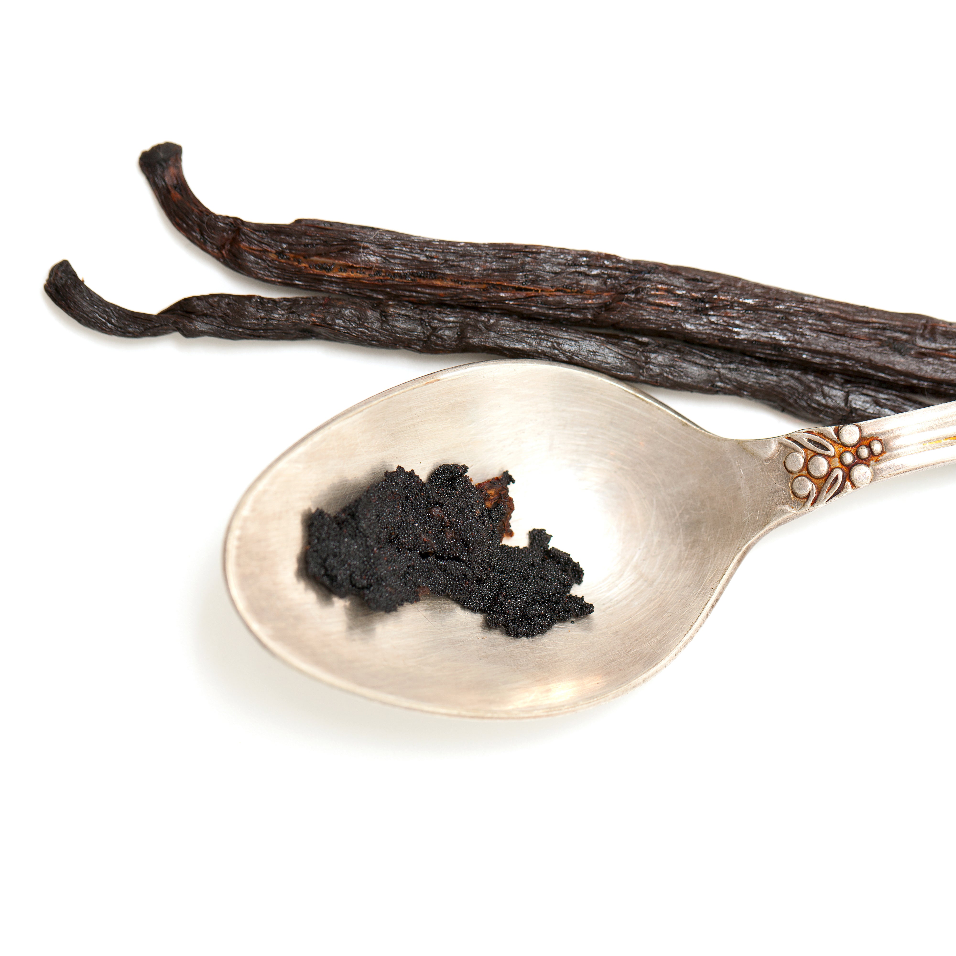vanilla caviar seeds on silver spoon