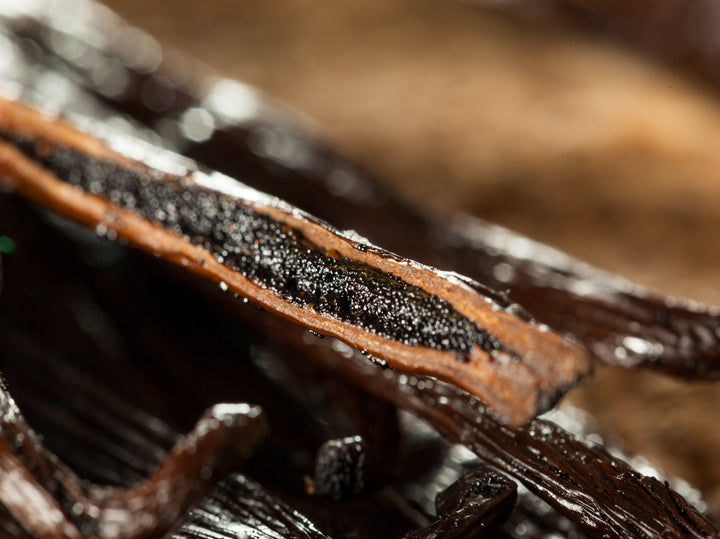 close up image of split vanilla beans showing caviar